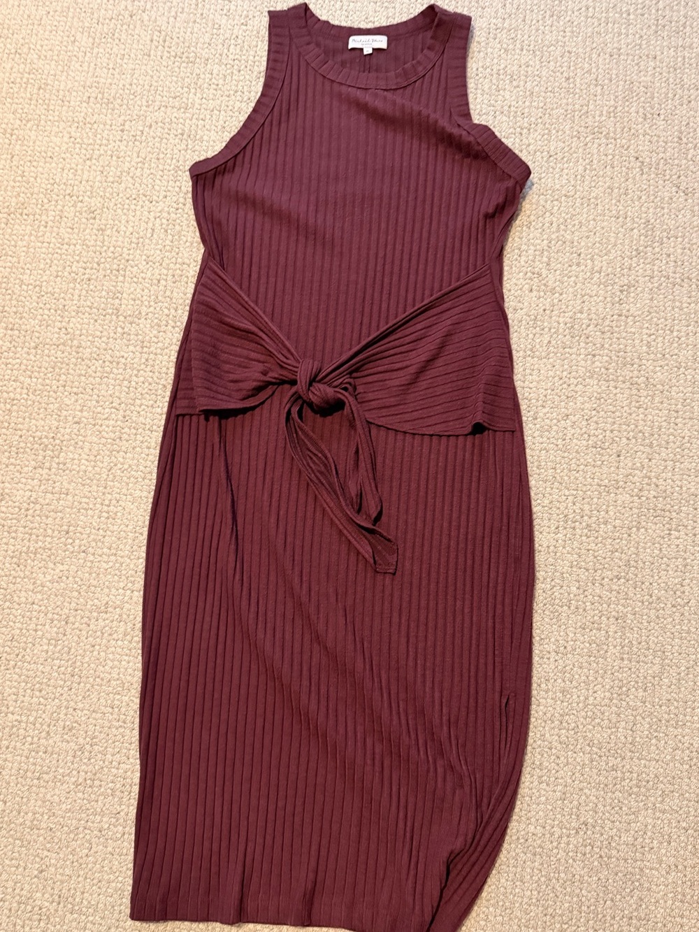 Ribbed Tie-Waist Midi Dress - Burgundy